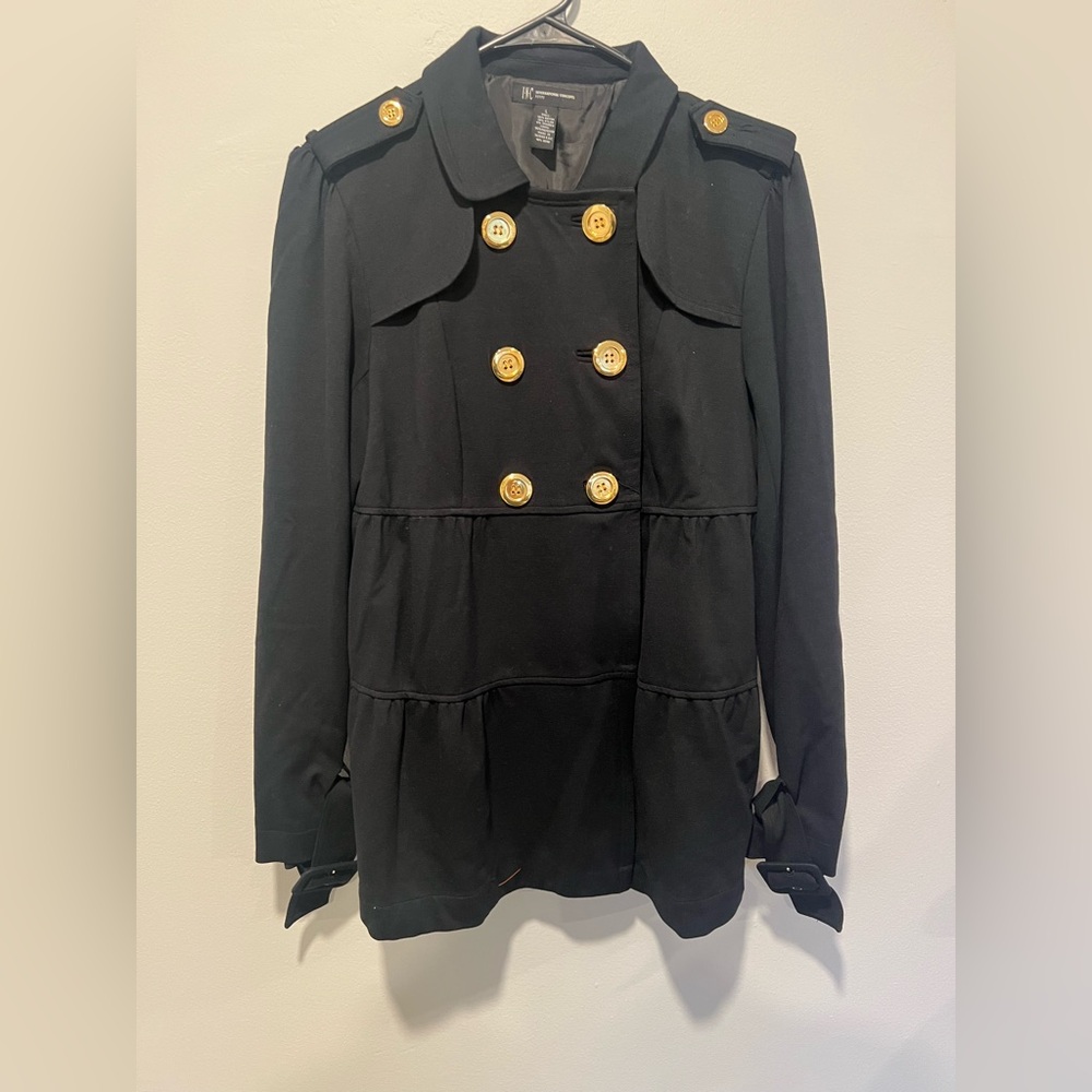 INC International Concepts Black Military Style Peplum Jacket Gold Buttons L
